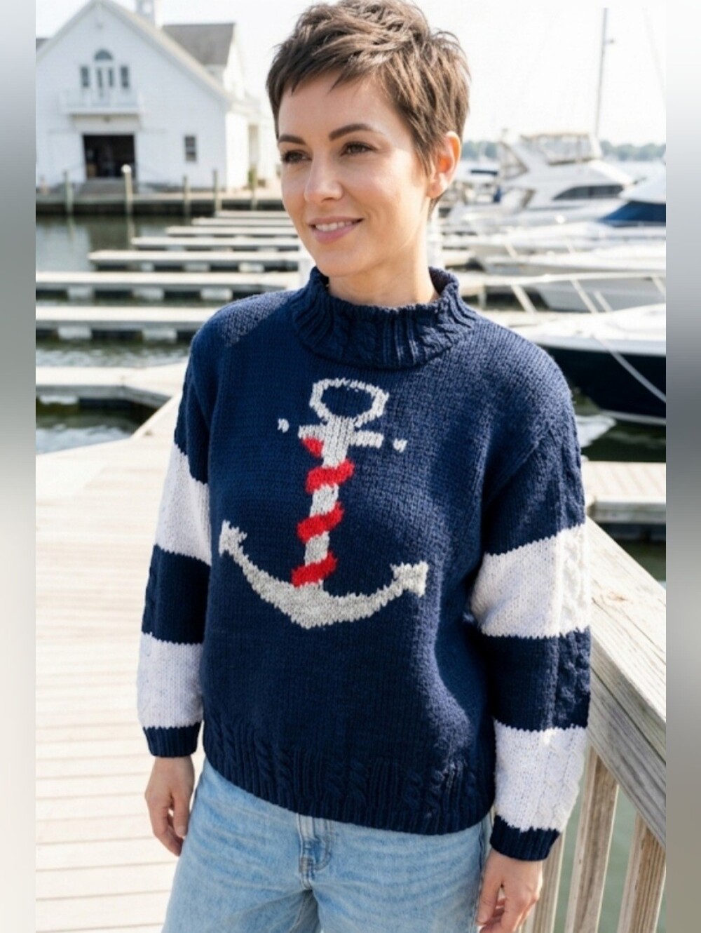 80'sVINTAGE⚓Hand Loomed⚓lauren hansen Nautical Navy Anchor Turtleneck Sweater